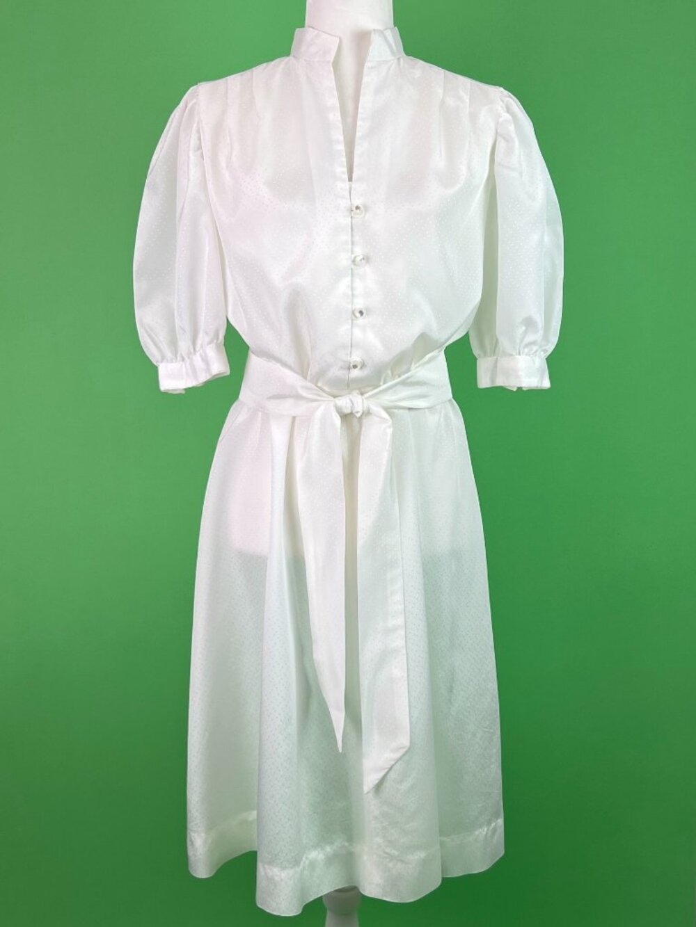 Vintage 80s White Puff Sleeve Dress with Waist Tie Size S/M